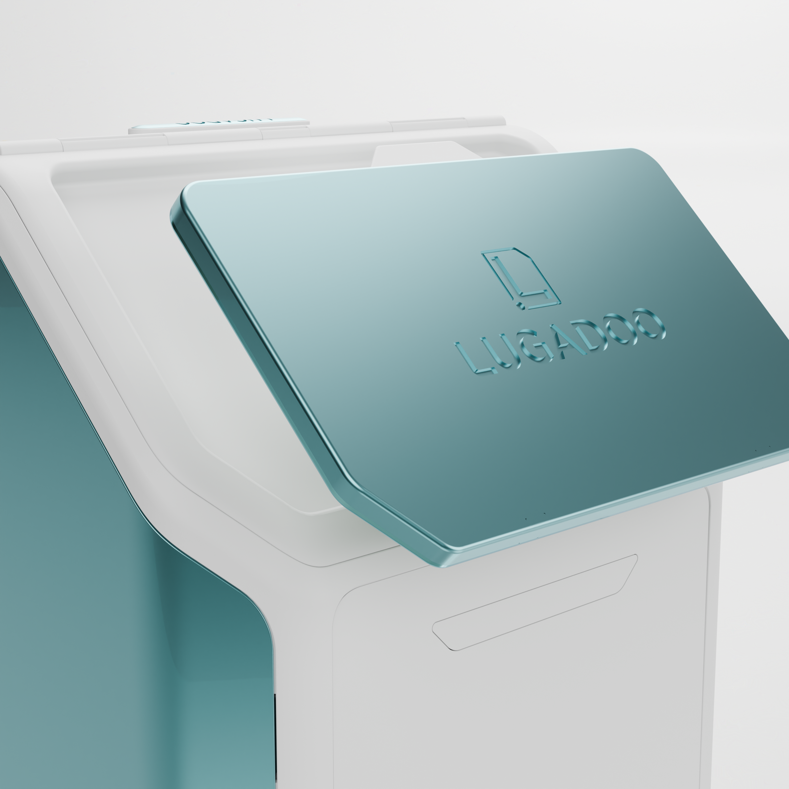 Close-up of a teal Lugadoo screen cover with the embossed Lugadoo logo