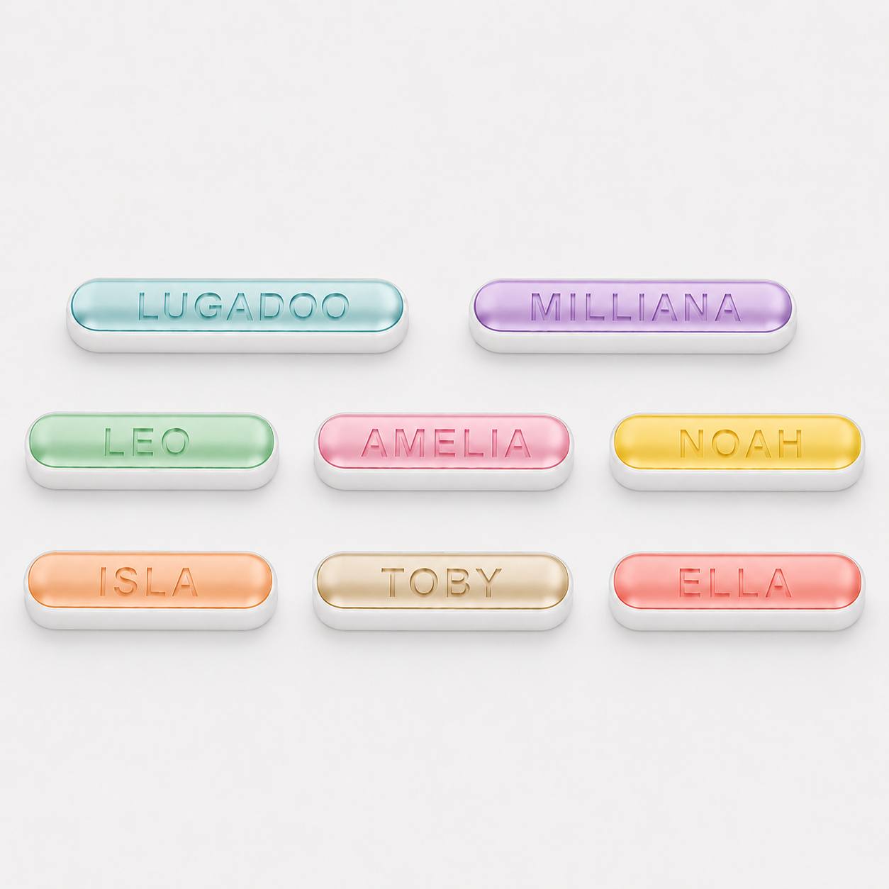 Personalised Lugadoo name tags in a selection of colours