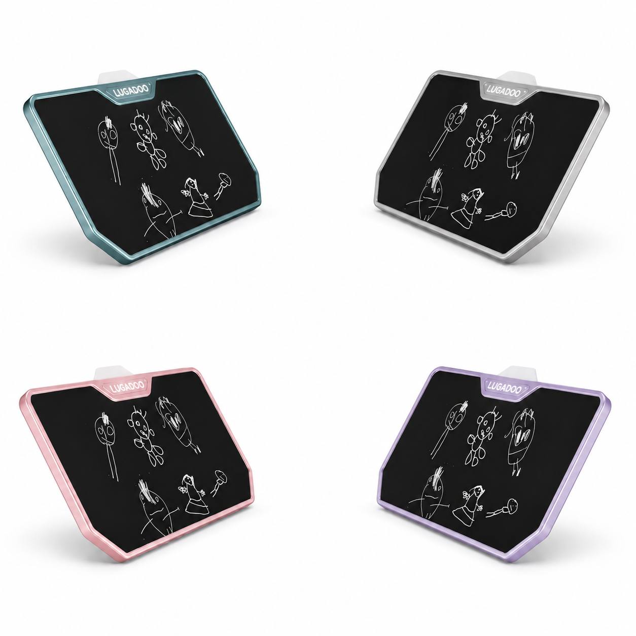 Four removable Lugadoo drawing screens with teal, silver, pink and lilac frames