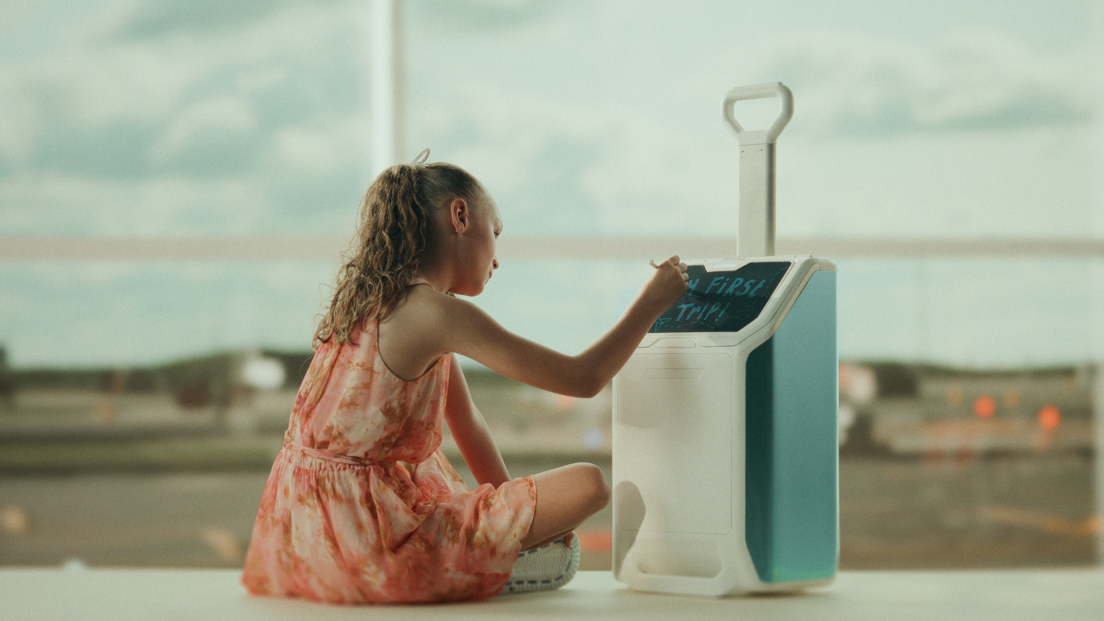 A young traveller drawing on the Lugadoo canvas beside an airport runway
